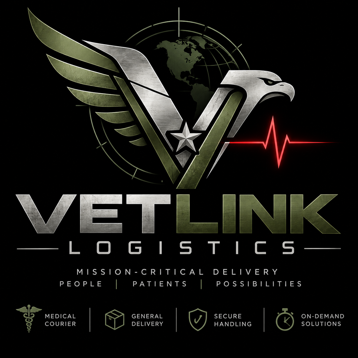 VetLink Logistics eagle and V emblem with mission-critical delivery branding